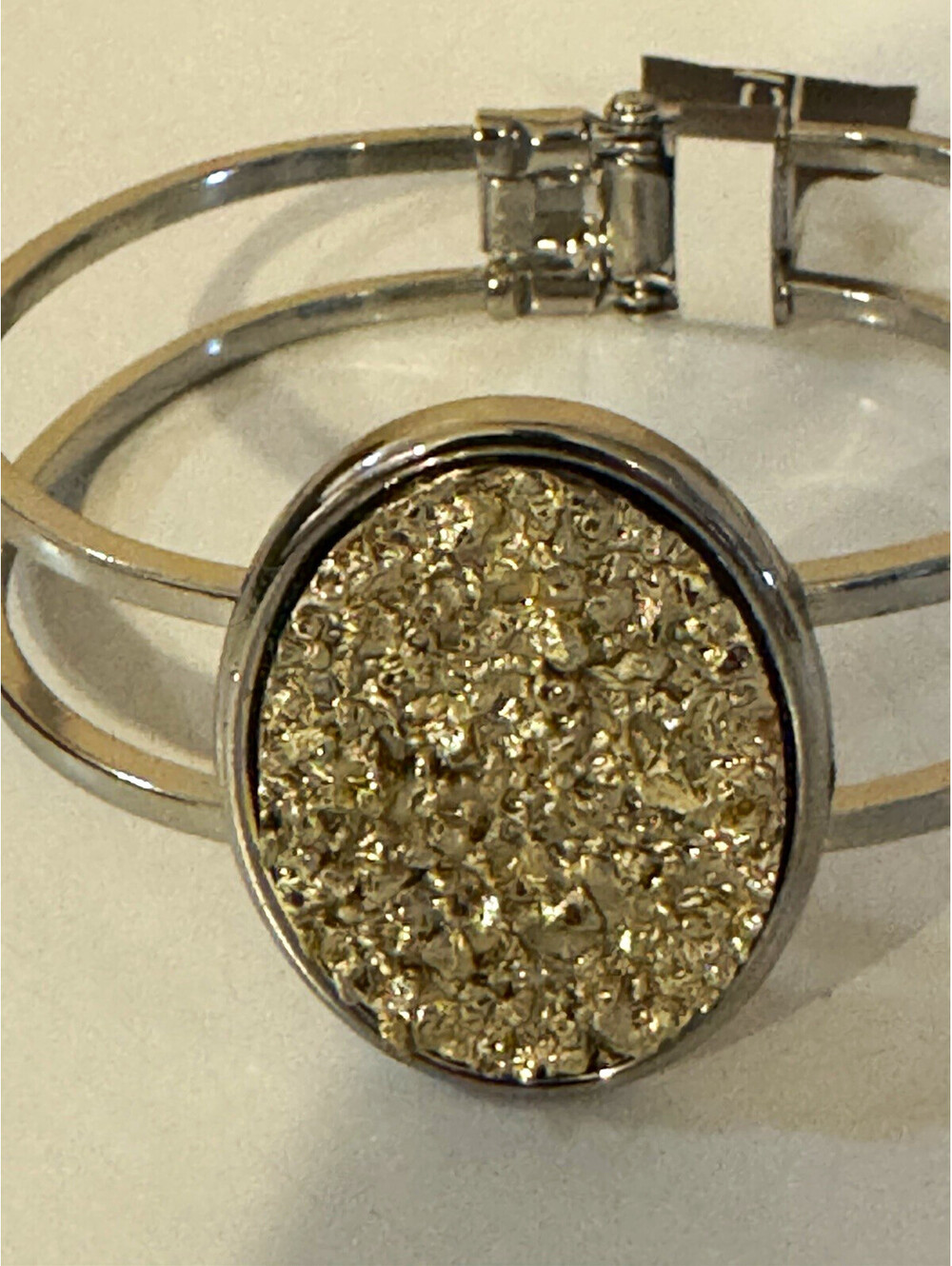 Chico’s NWT Silver Tone Hinged Cuff Bracelet Gold Druzy Style Statement